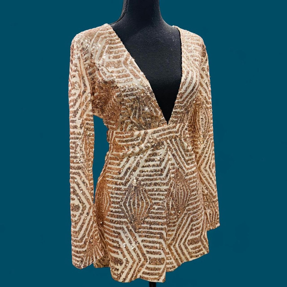Sexy Rose Gold Clubwear Partywear Sequins V-neck Jumpsuit Backless Romper XL - Picture 1 of 8